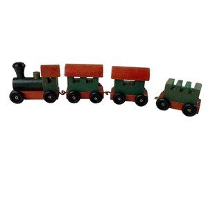 Vintage Mini Wood Train Handmade Painted Red Green Connect 3 Pieces u